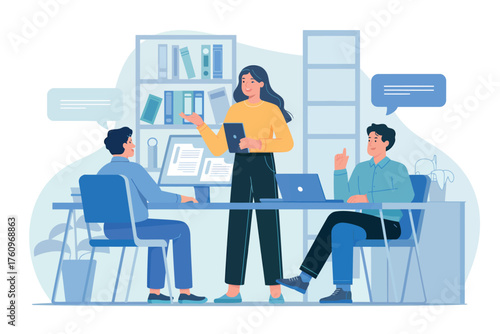 Business meeting with team collaboration and presentation by a woman leading discussion in modern office