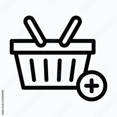 Shopping Basket with Plus Symbol Representing Adding Items to Cart for Online Discount Sale Isolated Lineal Style Vector Icon