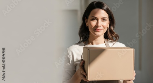 Woman smiling while holding a cardboard box in indoor setting  