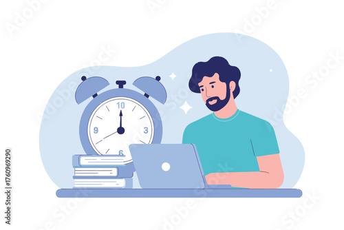 Man working on laptop next to alarm clock emphasizing time management and productivity concepts