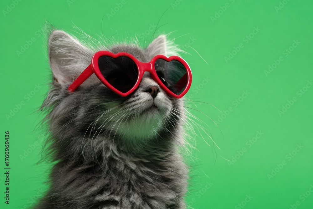 Obraz premium Cute fluffy kitten with heart shaped sunglasses on green background. Tabby happy cat with red heart eyeglasses. Pet party. Valentines Day. Love kitten cat wearing red heart shape glasses isolated