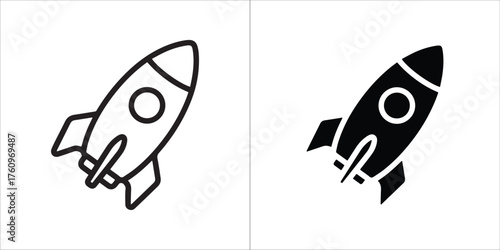 Simple black and white icon of a rocket ship, isolated on a white background, representing space travel, exploration, and innovation