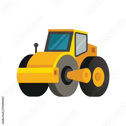 Yellow construction steamroller with gray roller and black wheels