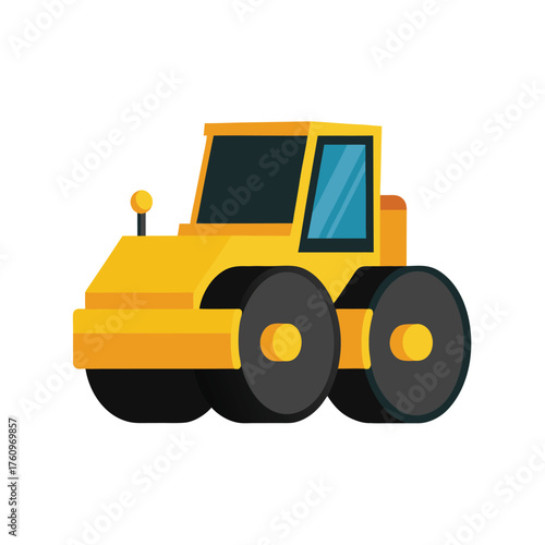 Yellow toy-like road roller with black wheels and yellow accents