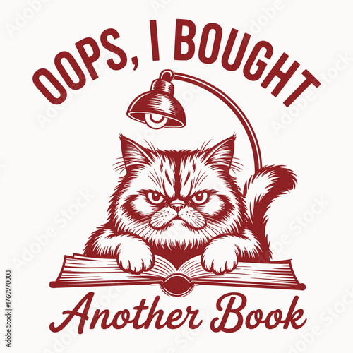 funny cat reading book t shirt design oops i bought another book vintage cartoon art for cozy book lovers
