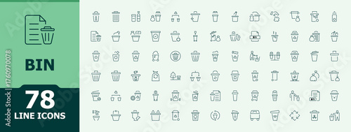 Bin icon set. Minimal icons set. Art and illustration. Bin icon. Pictograms of trash, dustrubbish, environment, waste and more.