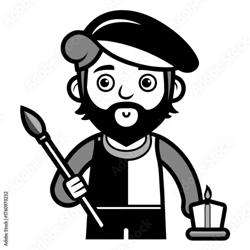 Black and white cartoon artist with beard holding paintbrush and candle Keywords: artist, cartoon, character, paintbrush, art, drawing, painting