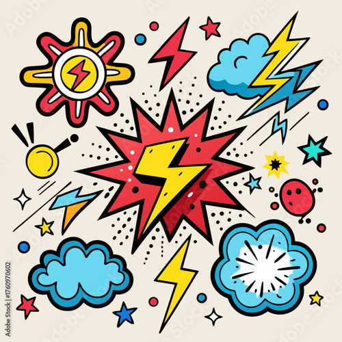Energetic Comic Burst with Sun and Clouds Elements