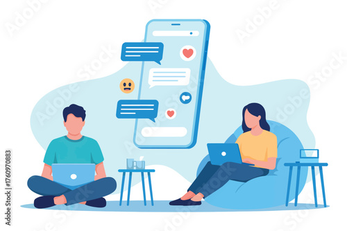 Modern communication technology connecting people through online messaging and mobile devices for remote work and social interaction