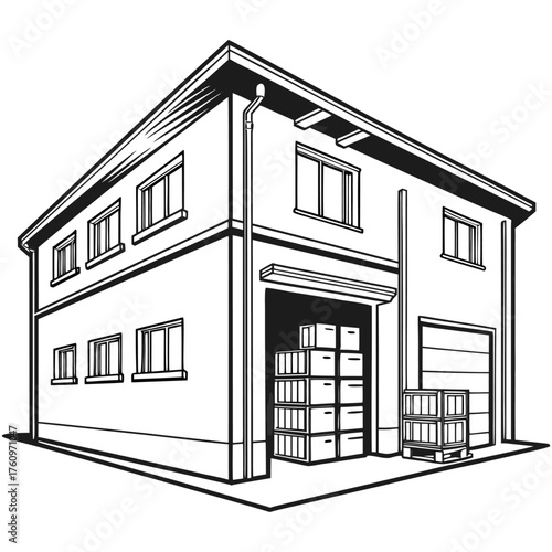 A monochrome illustration of a warehouse with boxes stacked outside in a minimalistic style