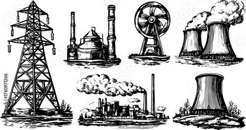 Vintage engravings of industrial equipment. Line drawings include power towers, factories, and cooling towers in black and white vector illustration set.