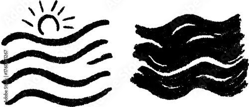 Sun over waves in a simple black line style. Flat vector illustration of water movement with clear texture and modern design elements.