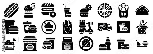 Fast Food Icons Burgers, Pizza, Tacos, Drinks, and Delivery
