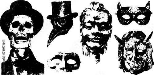 Vintage masks and skulls in black. Hand-drawn vector illustration set featuring a skeleton, plague doctor, and decorative masks.