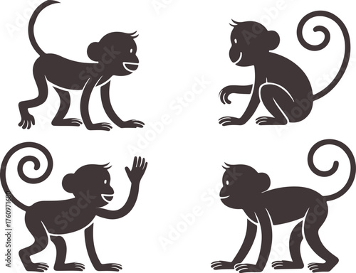 Cute Monkey Silhouettes in Various Poses against Checkerboard Pattern