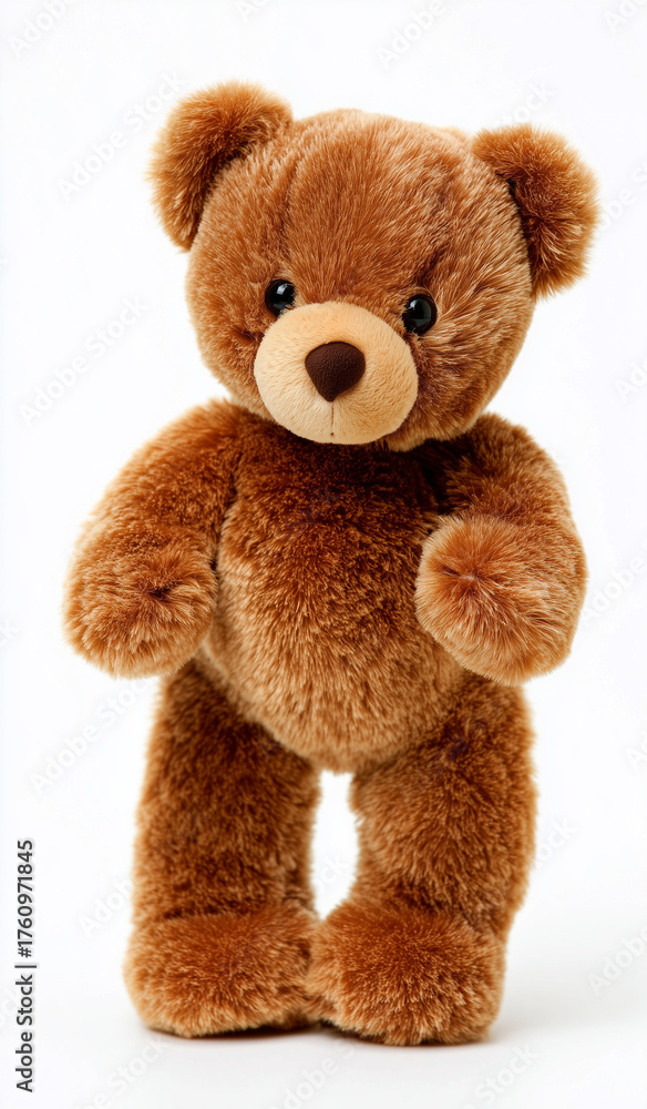 Obraz premium a cute brown teddy bear with short legs and arms, standing upright in front of the viewer, with its head tilted to one side. the background is white, creating contrast between it and the surrounding 