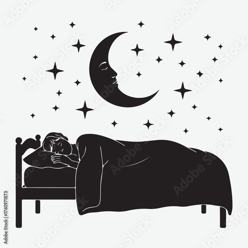 Person sleeping peacefully under a crescent moon and starry night sky