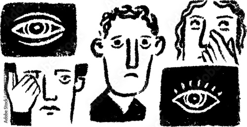 Silhouettes of eyes and faces in a hand-drawn style. Simple vector illustration set conveying expression and thought concepts.
