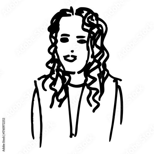 Portrait of a pretty young girl with curly hair. Hand drawn linear doodle rough sketch. Black and white silhouette.