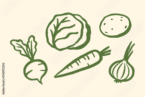 Vegetables set carrot cabbage beet onion potato minimalist sketch vector illustration