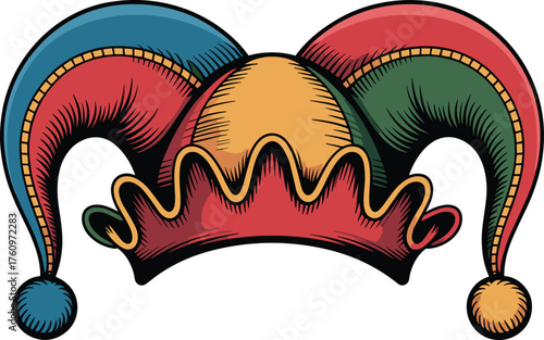Whimsical Jester Hat with Pom Poms Sketch Vector Illustration