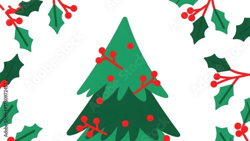Christmas tree with red berries and holly