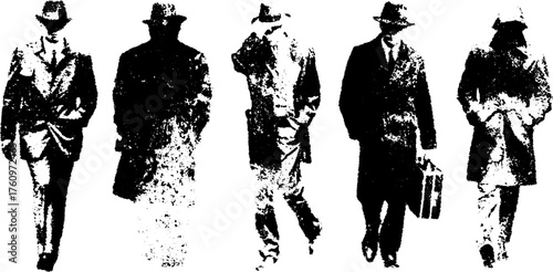 Vector illustration of a set of men in suits and hats walking. A stylish grayscale graphic showcasing various business outfits and modern fashion trends.