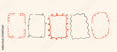 Vector art of a collection of five distinct handdrawn decorative frames with varied, whimsical, and slightly irregular borders, presented on a light beige background, perfect for adding artistic flair