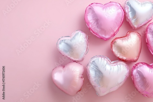 Heart shaped balloon. White silver and pink colored party balloons on a pastel background. Glossy, shiny foil balloons. Good for anniversary wedding, celebration birthday. Happy St. Valentine's day.
