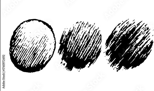 Engraving style illustration featuring circular outlines with varying textures. This vintage black and white vector art showcases detailed elements in a set.