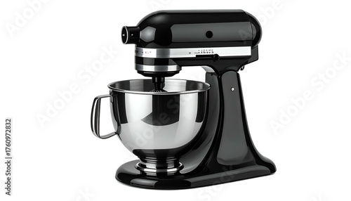 Shiny, black stand mixer with a stainless steel bowl, isolated on black