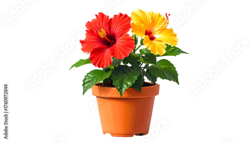 A vibrant potted plant featuring two hibiscus blooms, one red and one yellow, surrounded by green leaves