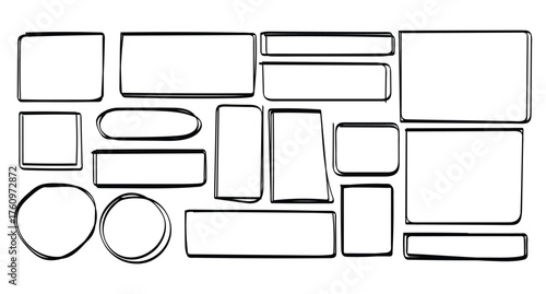 Vector art of handdrawn sketch collection of various rectangular and circular frames with a sketchy, imperfect outline, isolated on a, ideal for creative design and annotation