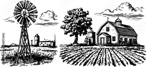 Windmill and farmhouse in a rural landscape. Vector illustration featuring a tree, fields, and a barn in a classic style set.
