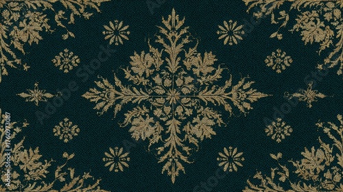Detailed floral pattern showcases a rich green backdrop with ornate gold designs. Ideal for use in fabric, decor, or artistic projects.