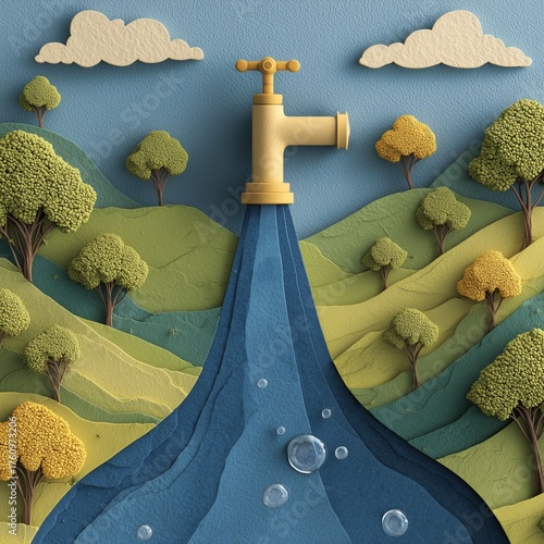 paper art–style landscape symbolizing water conservation.