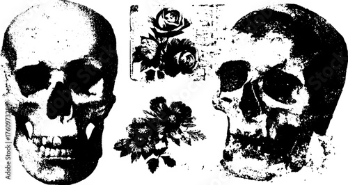 Skulls and flowers in vintage engraving style. Detailed black and white vector illustration set with classic elements.