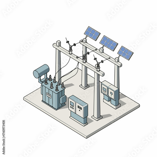 Isometric Detailed Electrical Substation with Solar Panels Power Generation Illustration