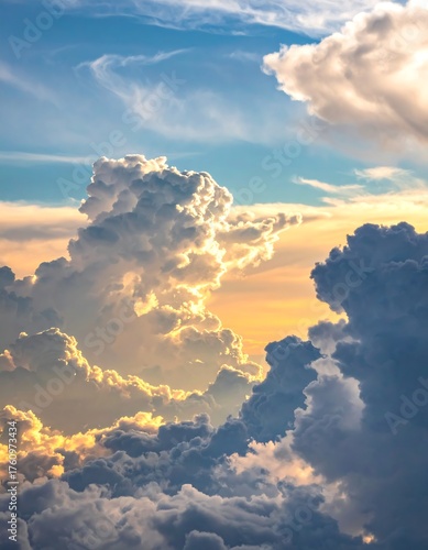 Vast, dramatic cloudscape bathed in warm sunlight with vibrant colors