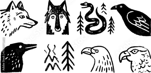 Set of animal illustrations including a wolf, eagle, snake, and raven. Black and white vector illustration showcasing nature and wildlife.