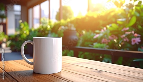 White coffee mug on a wooden table with bright sunlight and greenery