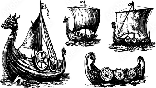 Viking ship with a dragon head in a black and white vector illustration. Nautical design featuring sails and wheels in a detailed style.