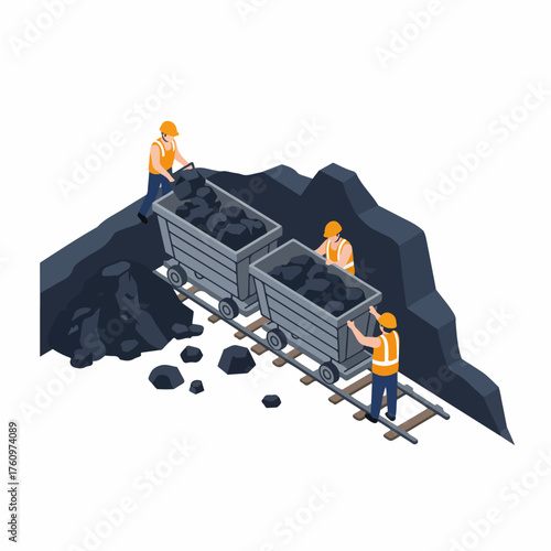 Isometric Style Mining Cart with Worker Illustration in Coal Mine