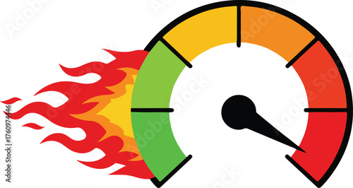 Speedometer gauge on fire showing maximum speed, dynamic performance racing vector illustration