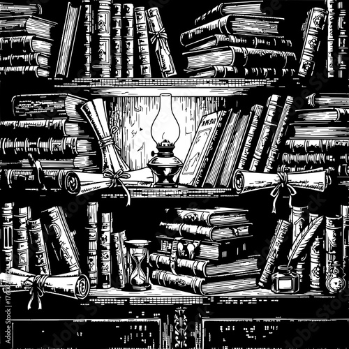 Books and Scrolls on the Bookshelf in Black and White