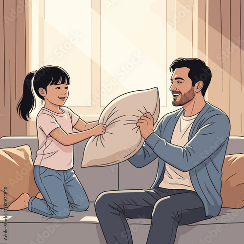Father and daughter having a pillow fight on the couch