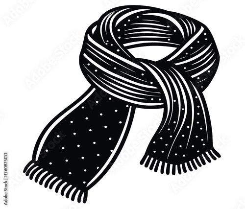Classic monochrome vector illustration of a warm winter scarf, featuring a simple dotted pattern and fringed edges, representing cold weather fashion and cozy style
