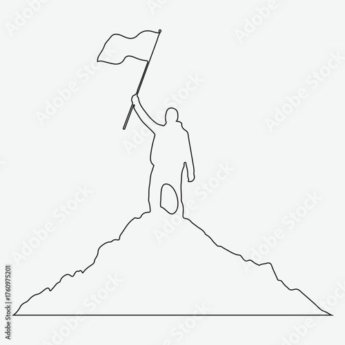 Silhouette of a person holding a flag atop a mountain peak, symbolizing achievement