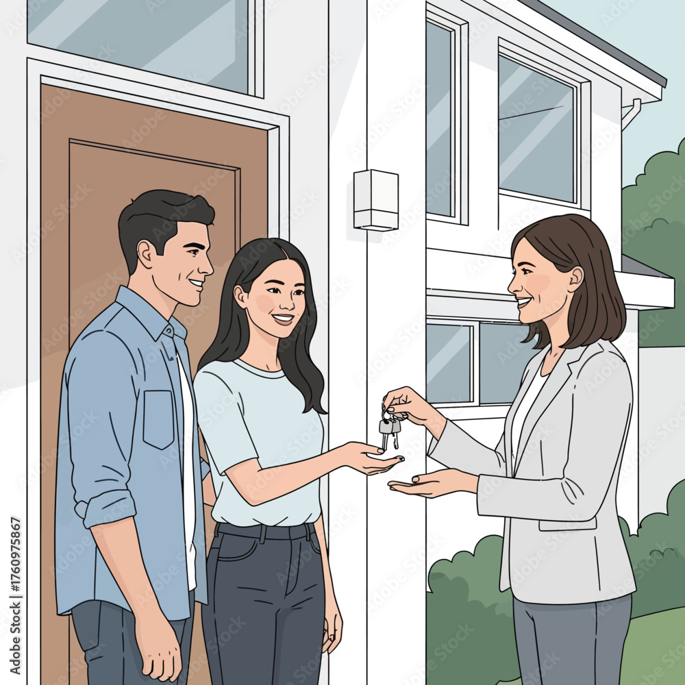 Obraz premium Young couple receives keys to new home from real estate agent