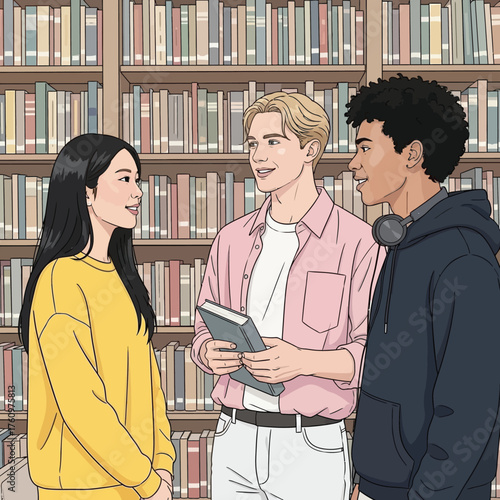 Three diverse young adults talking in a library surrounded by bookshelves